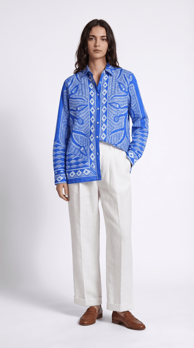 Madhubani Blue Shirt for Women - Luxury Designer | Soft Cotton or Pure Linen - Naymish Designs