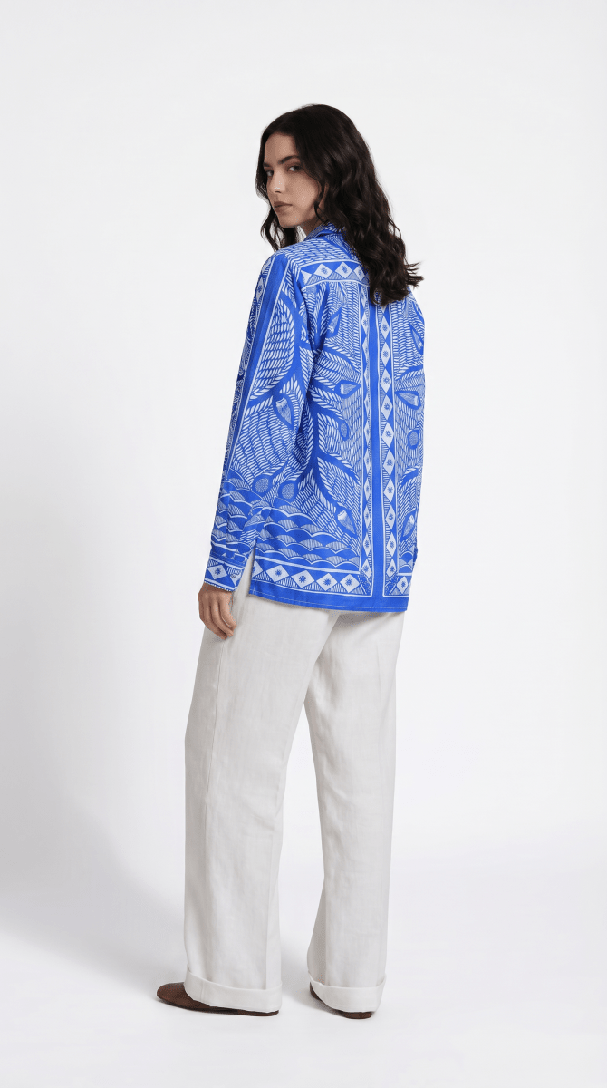 Madhubani Blue Shirt for Women - Luxury Designer | Soft Cotton or Pure Linen - Naymish Designs