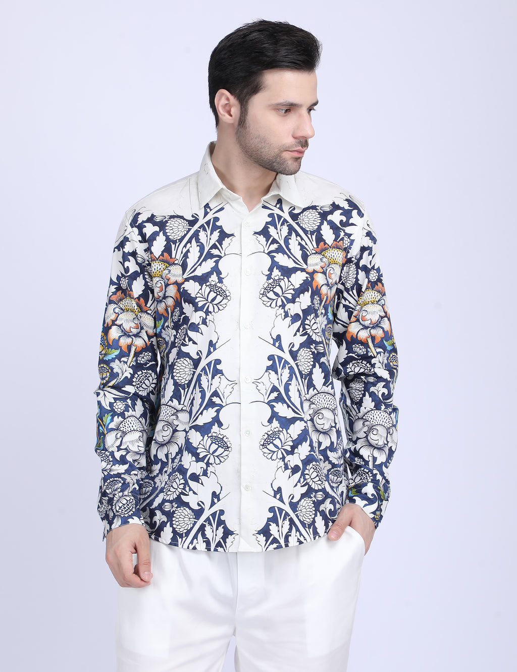 Blue floral printed white Shirts for Men - "Unfinished" shirt Available in Cotton and Linen