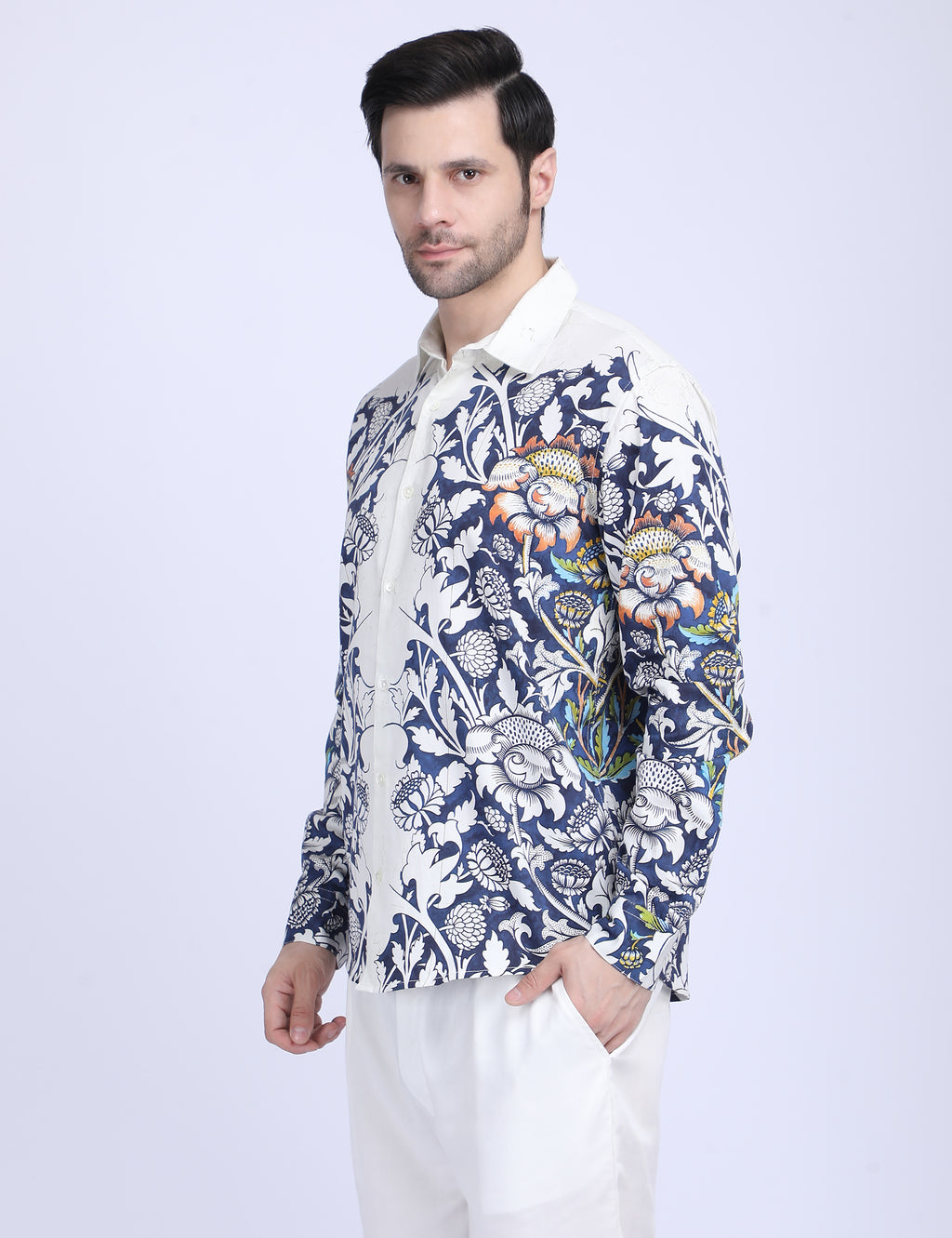 Blue floral printed white Shirts for Men - "Unfinished" shirt Available in Cotton and Linen