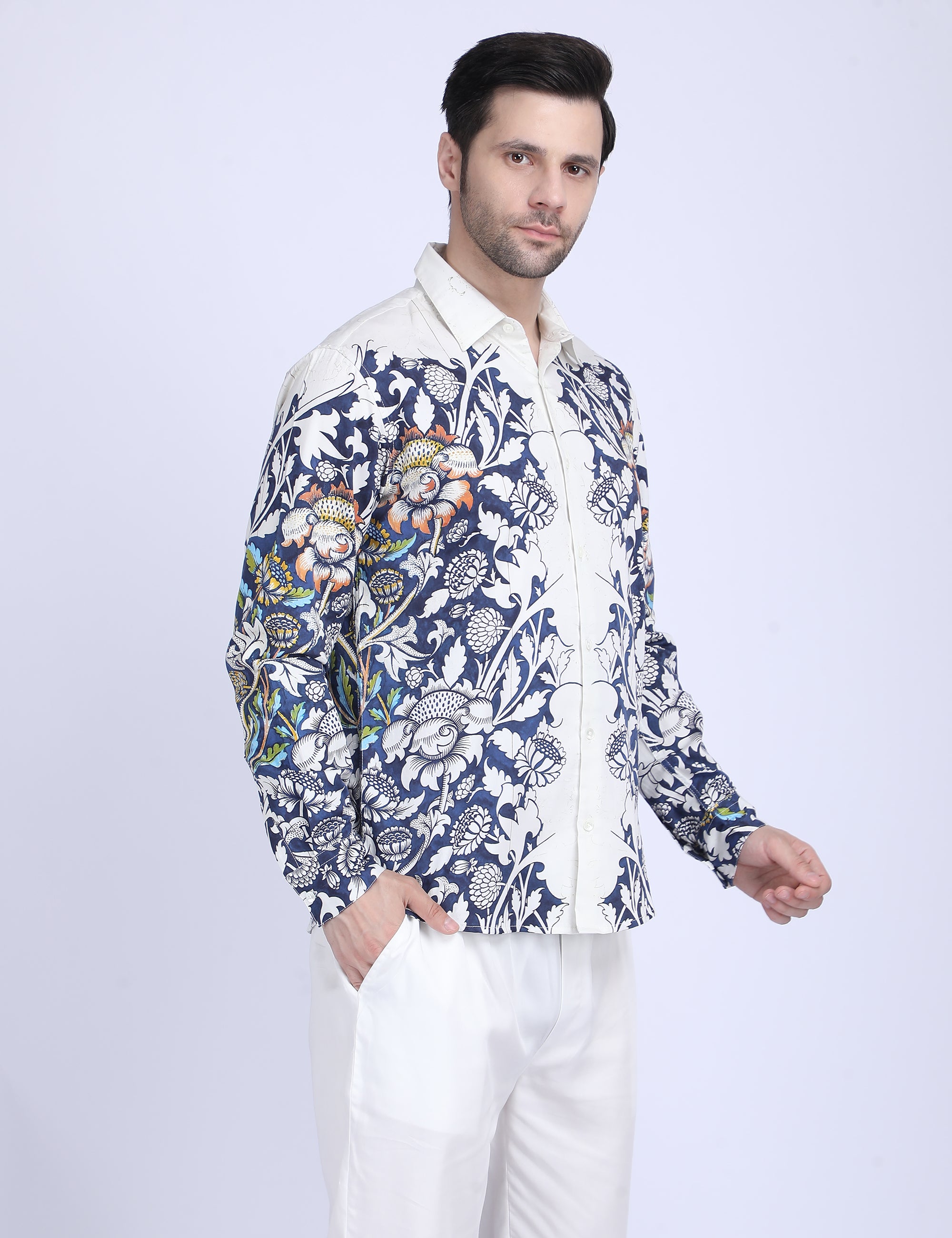 Blue floral printed white Shirts for Men - "Unfinished" shirt Available in Cotton and Linen
