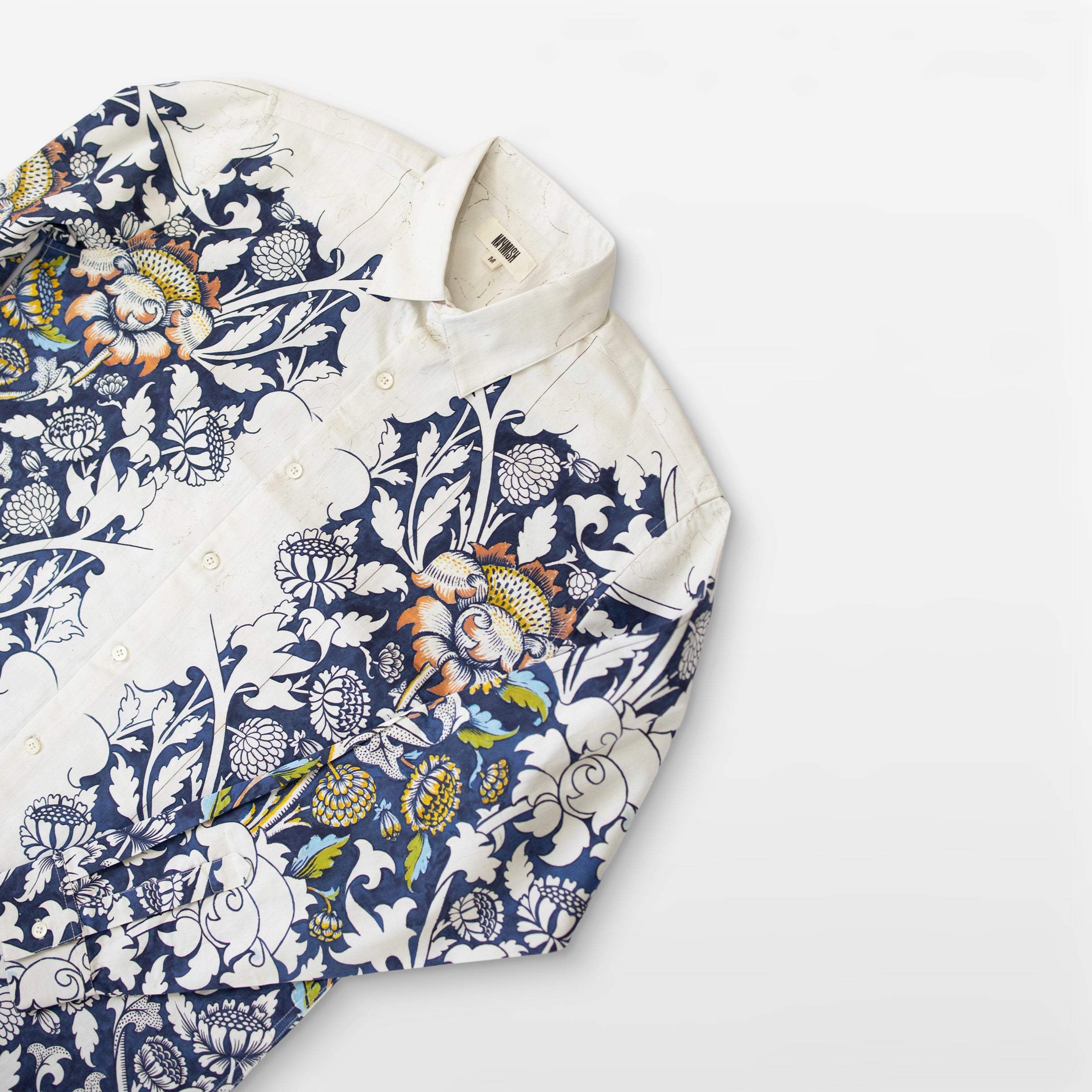 Blue floral printed white Shirts for Men - "Unfinished" shirt Available in Cotton and Linen