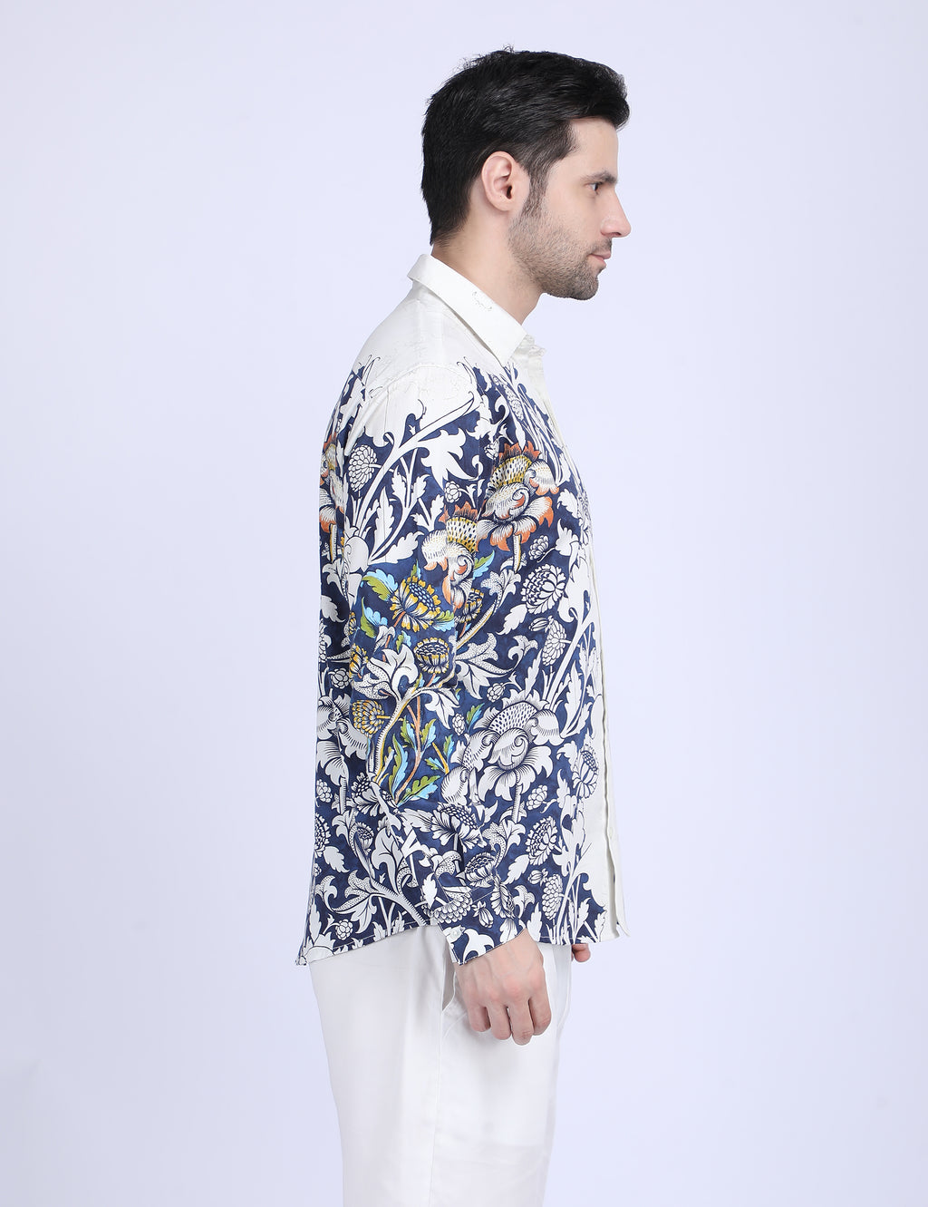 Blue floral printed white Shirts for Men - "Unfinished" shirt Available in Cotton and Linen