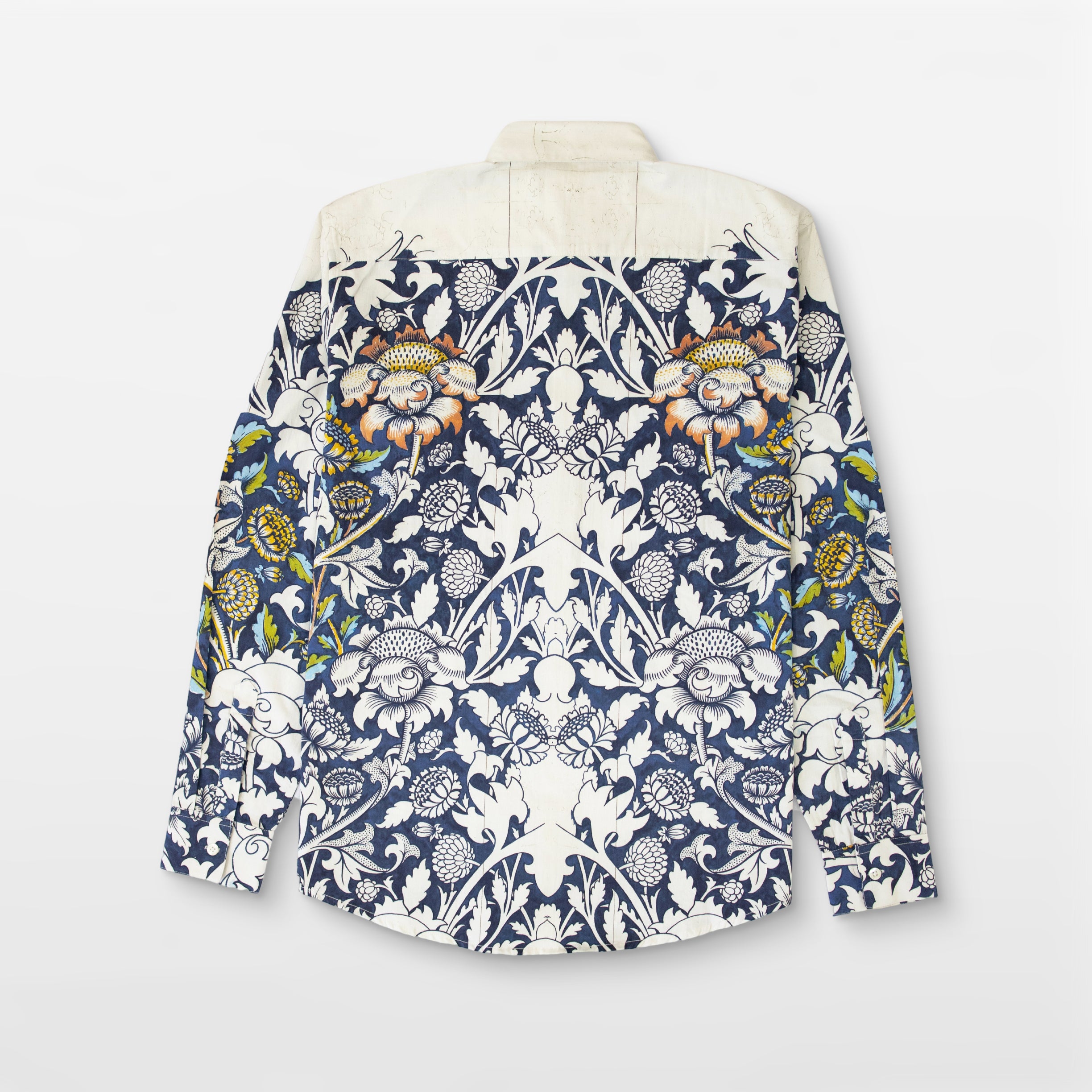 Blue floral printed white Shirts for Men - "Unfinished" shirt Available in Cotton and Linen