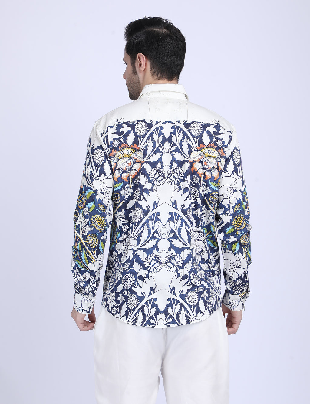 Blue floral printed white Shirts for Men - "Unfinished" shirt Available in Cotton and Linen