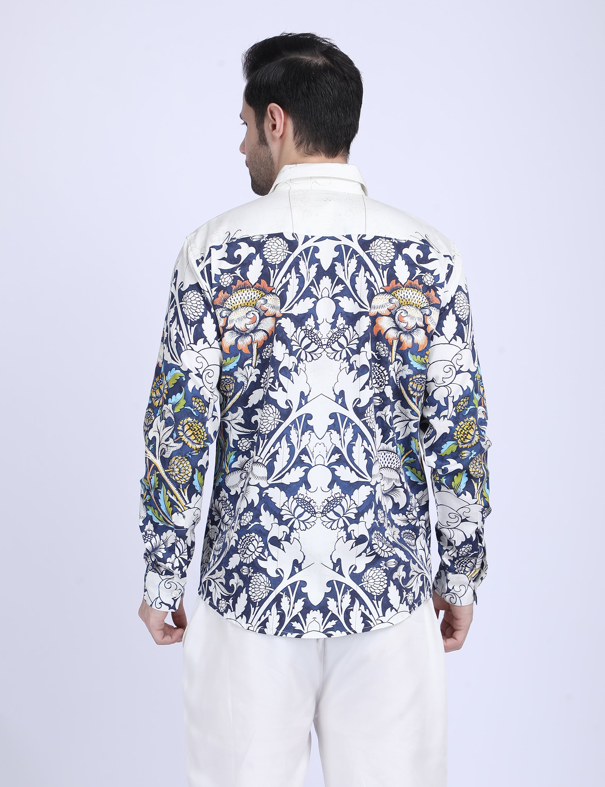 Blue floral printed white Shirts for Men - "Unfinished" shirt Available in Cotton and Linen