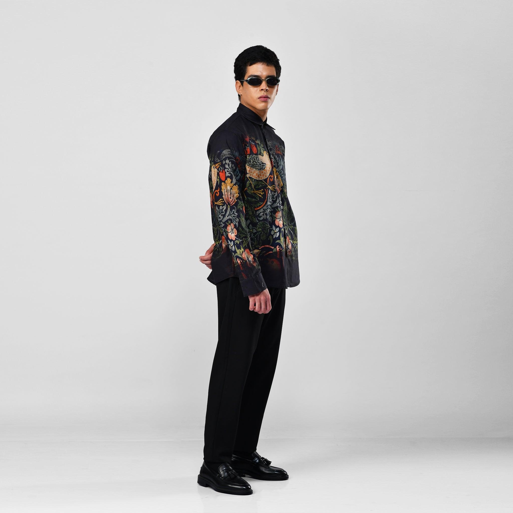 Strawberry Thief - black party wear luxury shirt for men now Available in Cotton and Linen