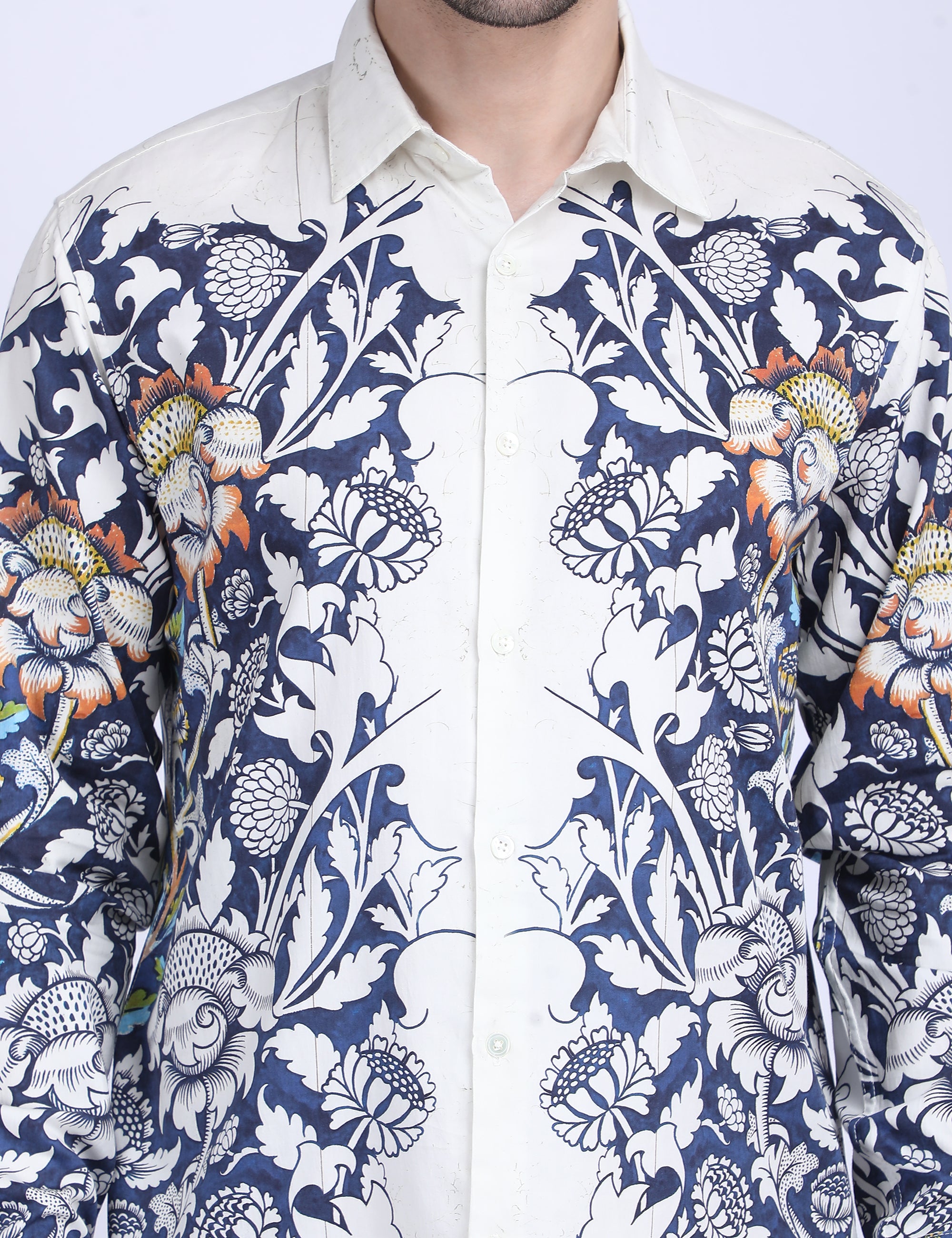 Blue floral printed white Shirts for Men - "Unfinished" shirt Available in Cotton and Linen