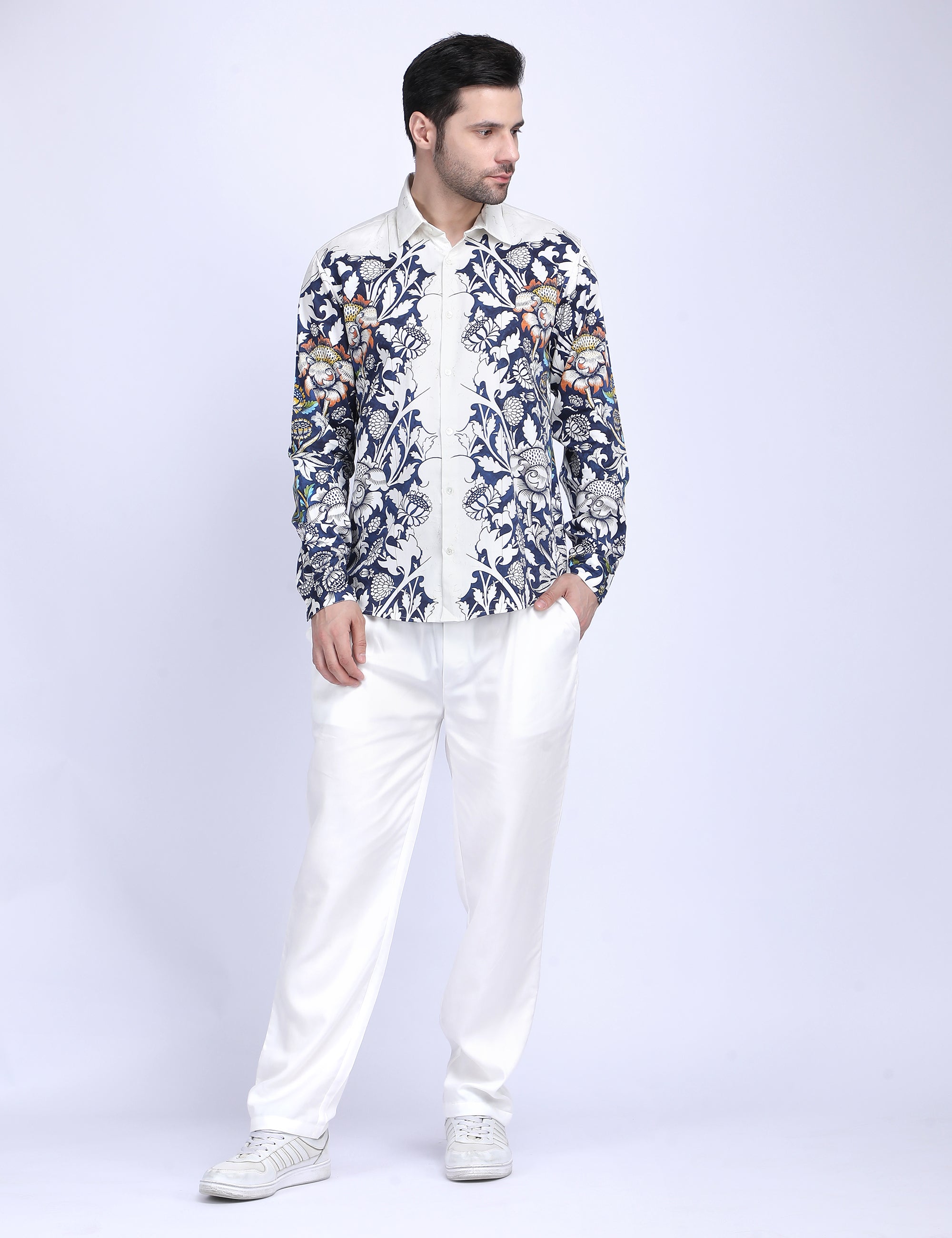 Blue floral printed white Shirts for Men - "Unfinished" shirt Available in Cotton and Linen