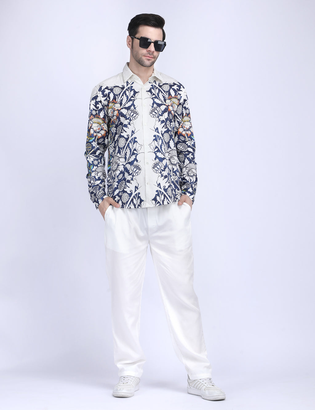 Blue floral printed white Shirts for Men - "Unfinished" shirt Available in Cotton and Linen