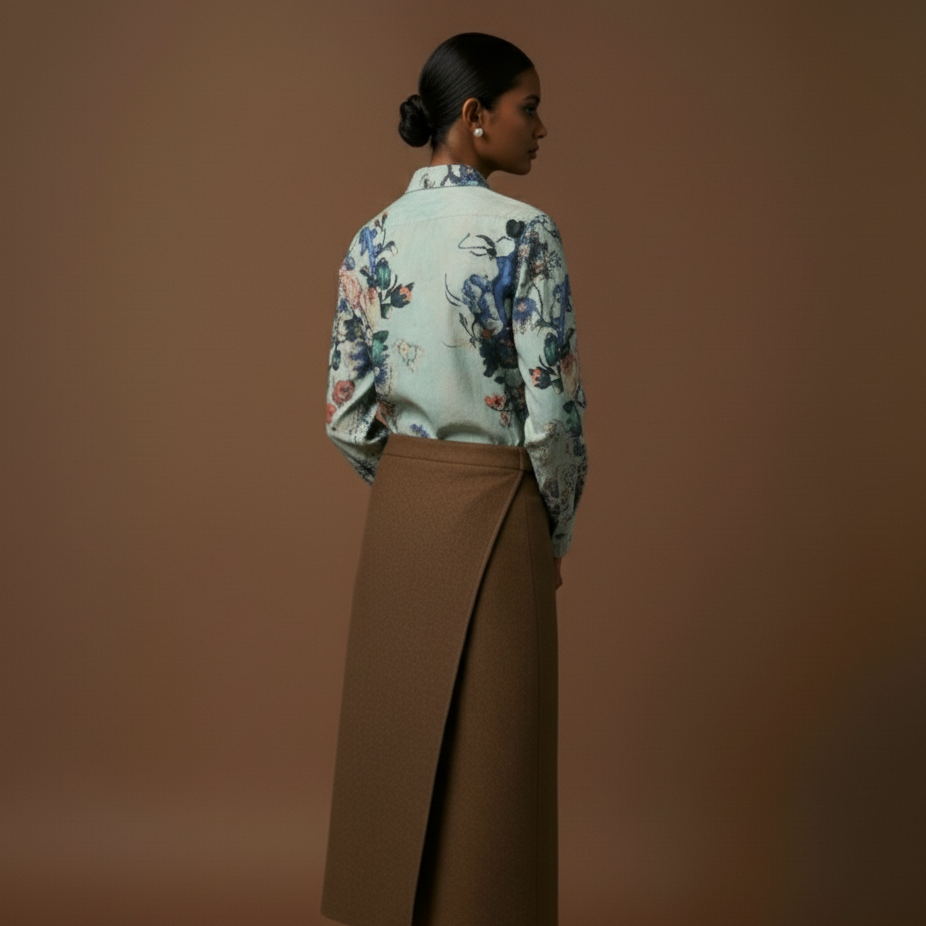 Woman wearing a floral blouse and beige skirt against a brown background