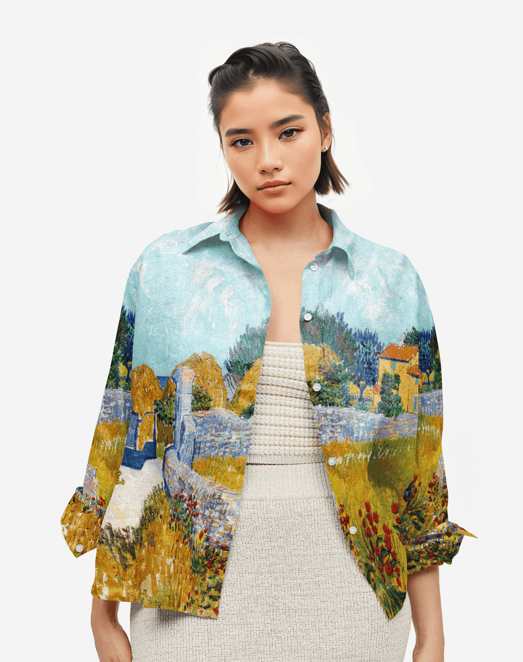 Farmhouse Women Skyblue Van Gogh Art Shirt Available in Cotton and Linen options