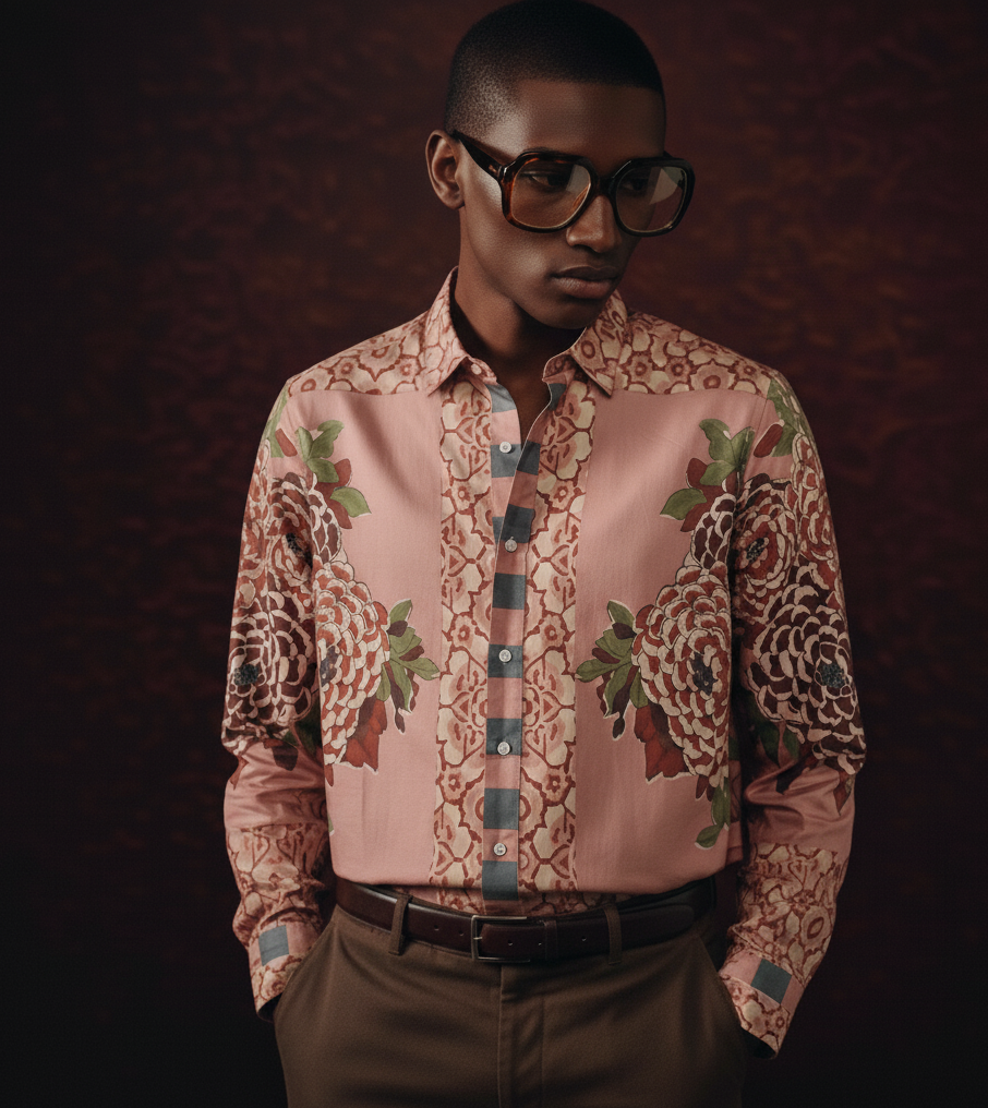 Man wearing a patterned shirt with a dark background