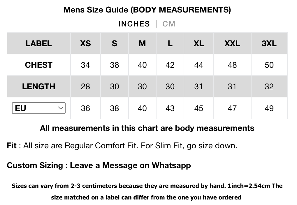 Mens size guide chart for body measurements in inches and centimeters.