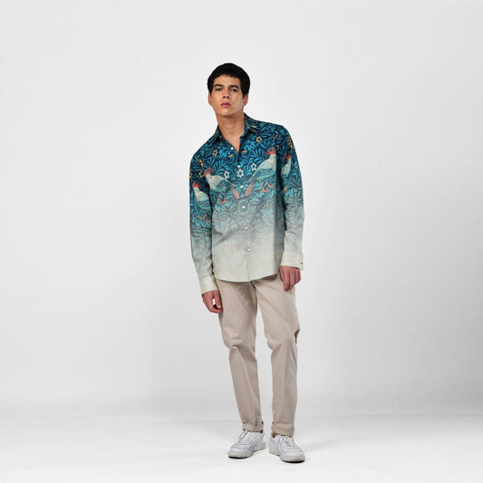 Bird Weave Shirt for Men Blue Available in Cotton and Linen - Naymish Designs