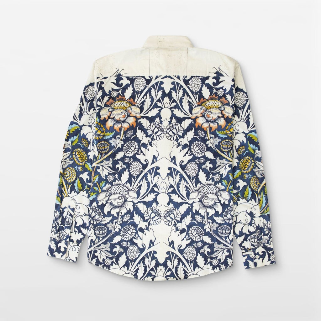Blue floral printed white Shirts for Men - "Unfinished" shirt Available in Cotton and Linen - Naymish Designs