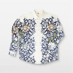 Blue floral printed white Shirts for Men - "Unfinished" shirt Available in Cotton and Linen - Naymish Designs