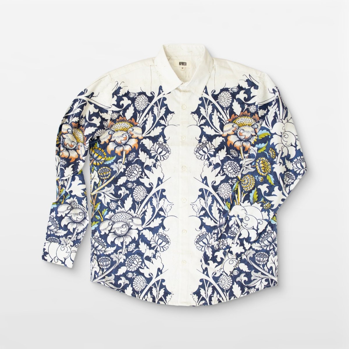 Blue floral printed white Shirts for Men - "Unfinished" shirt Available in Cotton and Linen - Naymish Designs