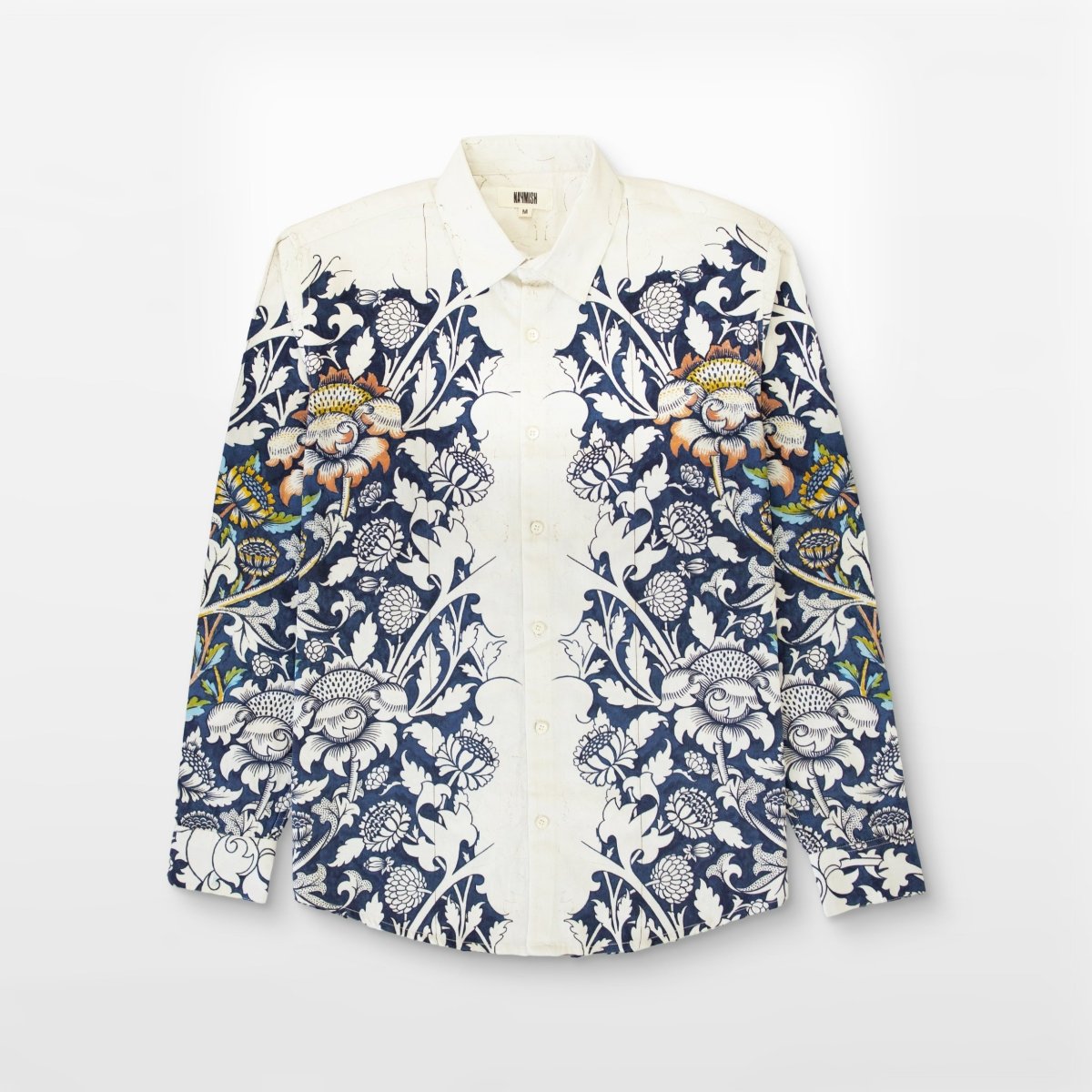 Blue floral printed white Shirts for Men - "Unfinished" shirt Available in Cotton and Linen - Naymish Designs