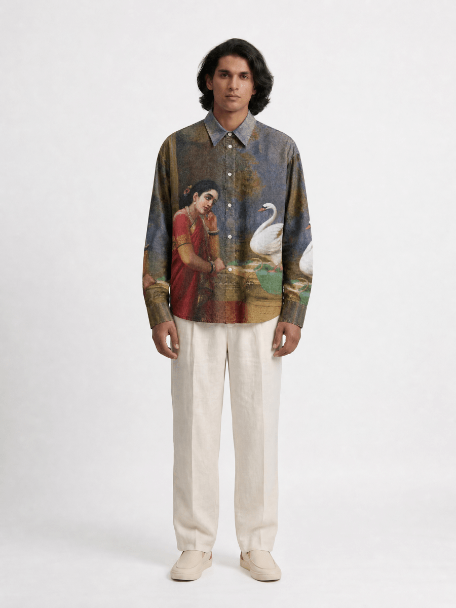 Damayanti and Hamsa - by Raja Ravi Varma - Women Shirt - Naymish Designs