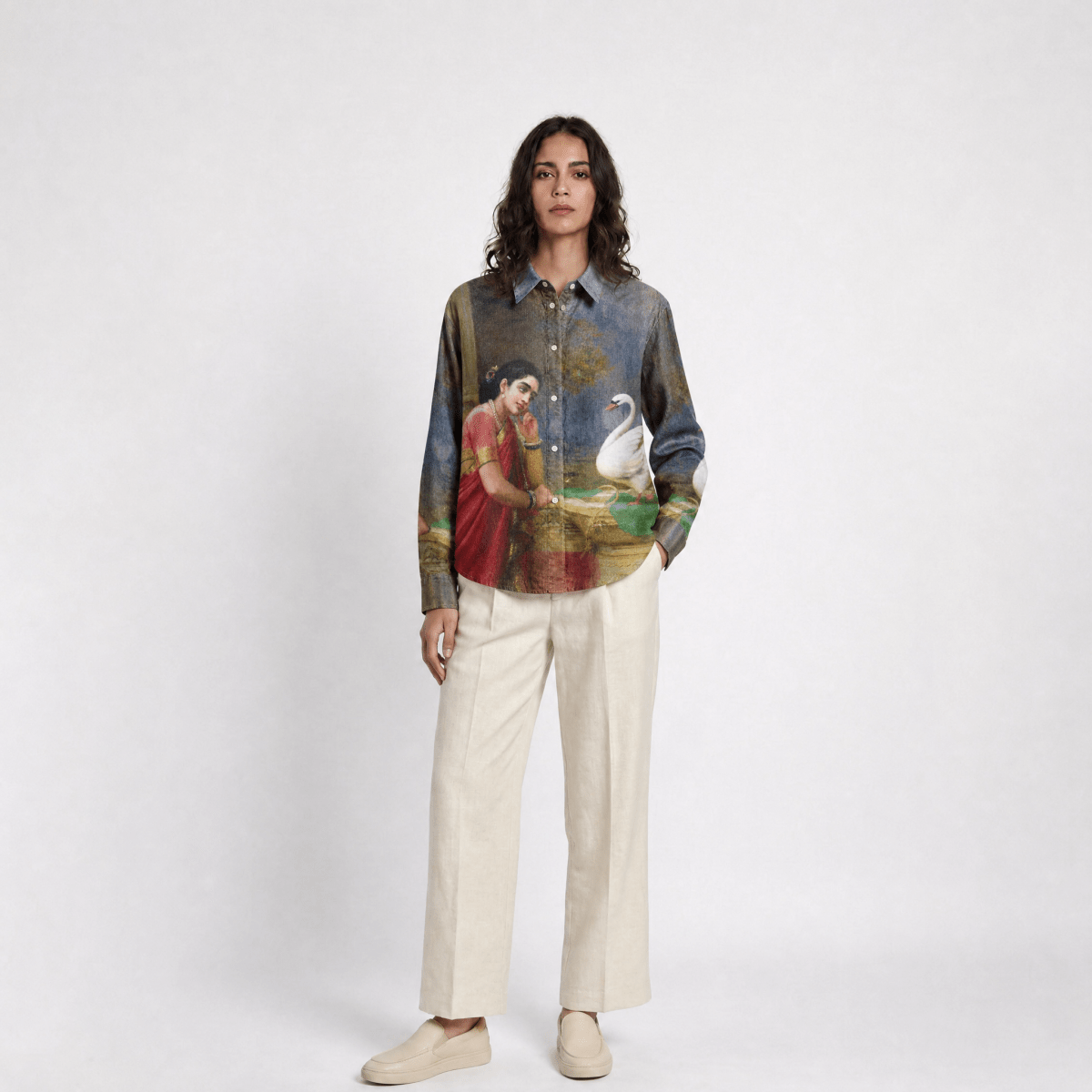 Damayanti and Hamsa - by Raja Ravi Varma - Women Shirt - Naymish Designs