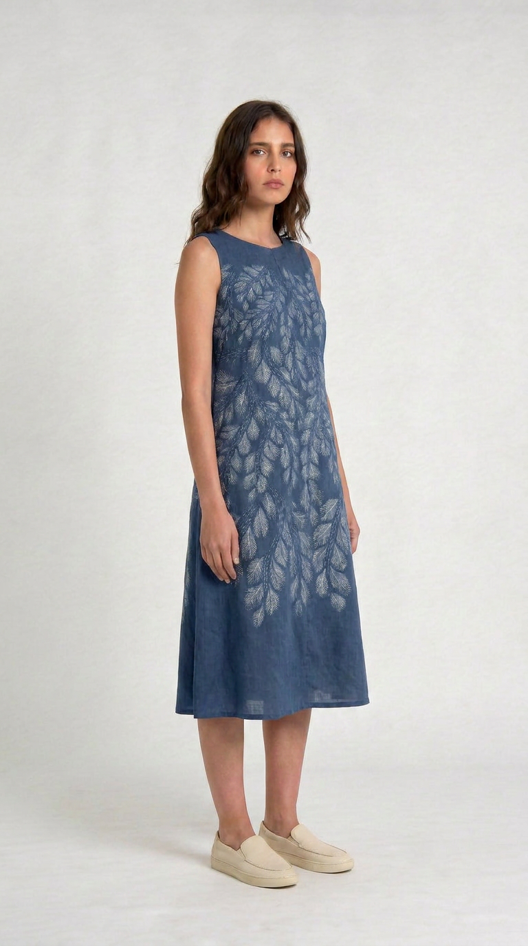 Gond Leaf Dress Blue side view
