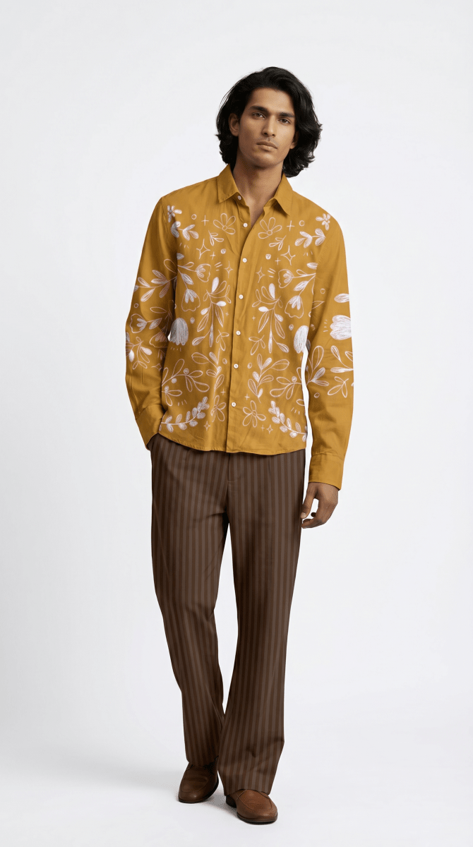 Flowerchild Full Sleeve - Shirt Men - Yellow Mustard Luxury Shirts for Men - Naymish Designs