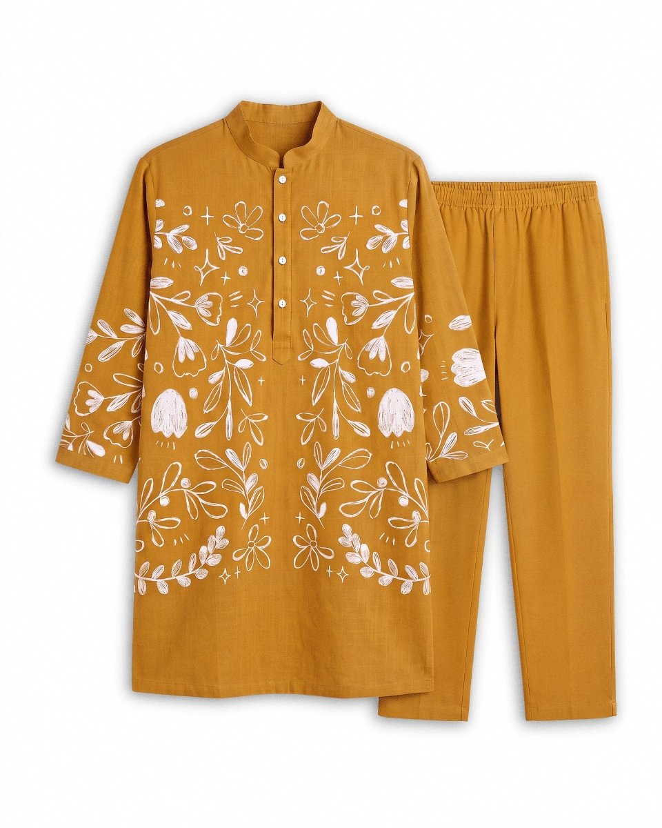 Flowerchild Kurta - Men - Ochre Yellow - Cotton Satin - Naymish Designs