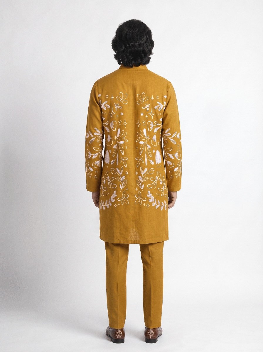 Flowerchild Kurta - Men - Ochre Yellow - Cotton Satin - Naymish Designs