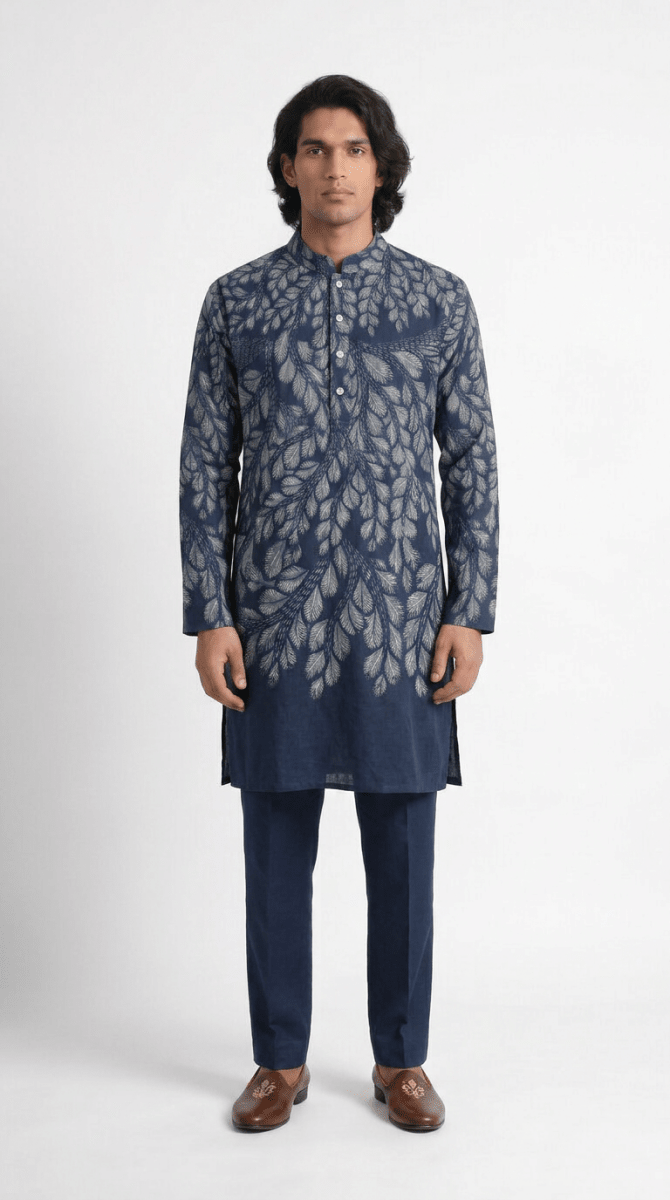 Gond Leaf Kurta Men - Blue - Naymish Designs