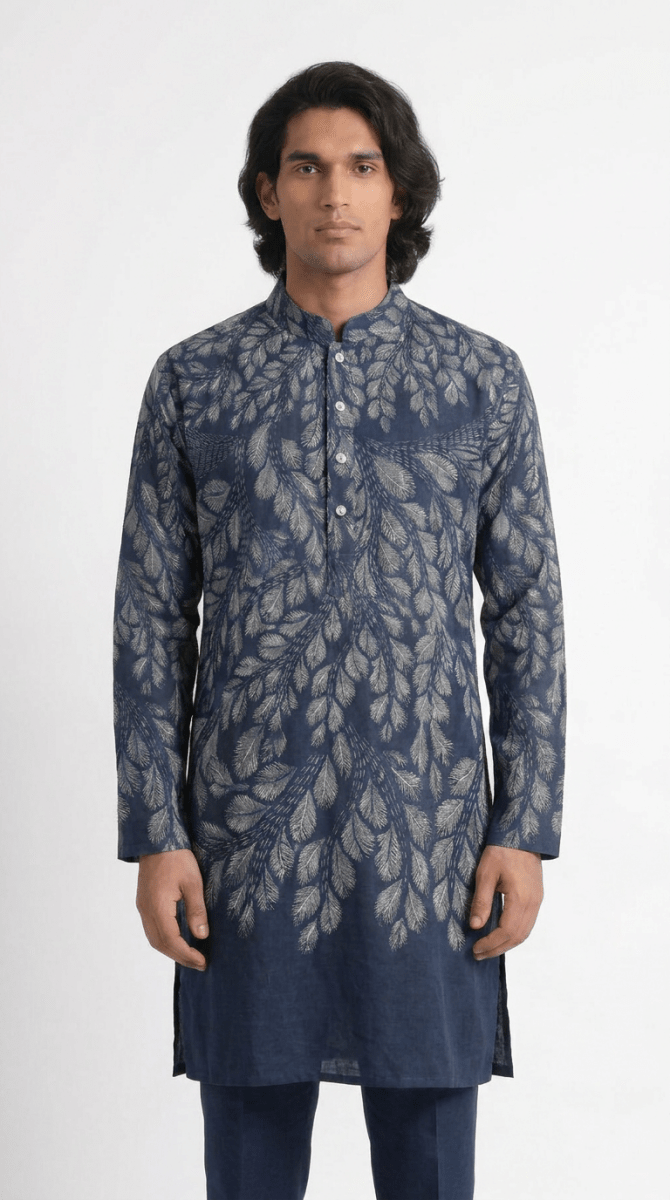 Gond Leaf Kurta Men - Blue - Naymish Designs