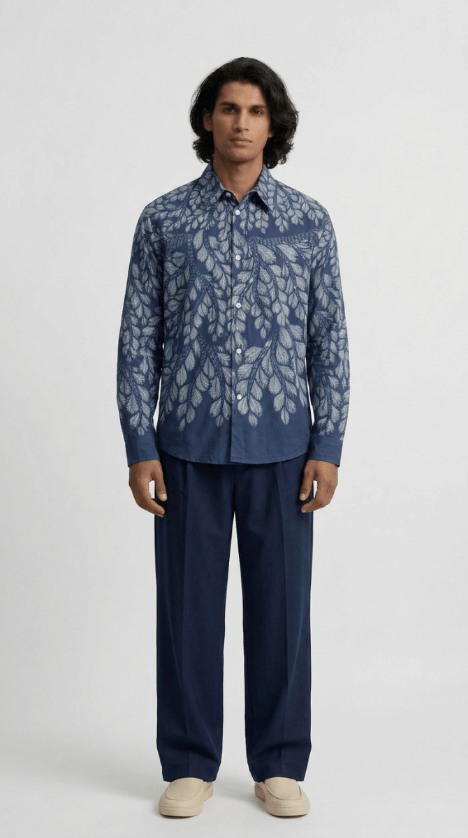 Gond Leaf Shirt Men - Blue - Naymish Designs
