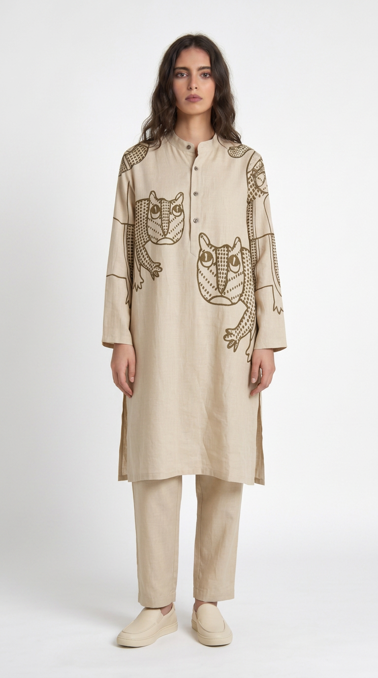 Gond Tiger Kurta Set Women kurta front model view