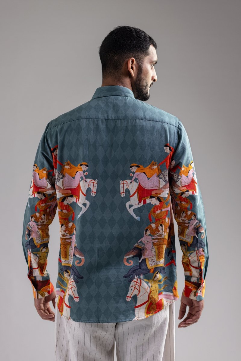 Close back view of the Kirtharjuna shirt showing the horse and elephant artwork