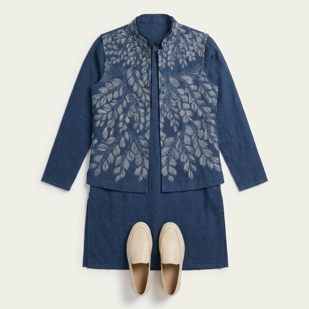 Gond Leaf Jacket Blue styled set view