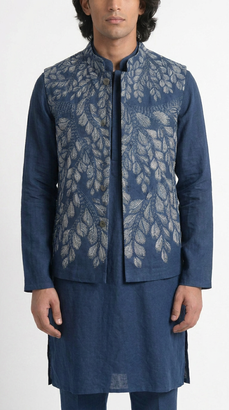 Gond Leaf Jacket Men Blue waistcoat front view