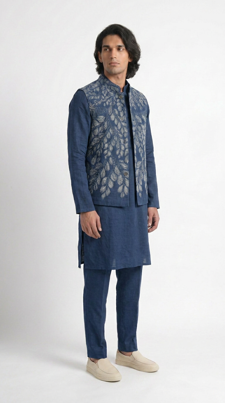 Gond Leaf Jacket Men Blue vest front view