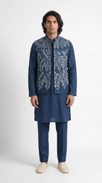 Gond Leaf Jacket Men Blue waistcoat model front