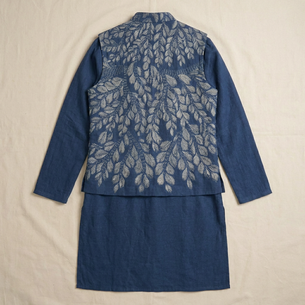 Gond Leaf Set Blue Men vest back view