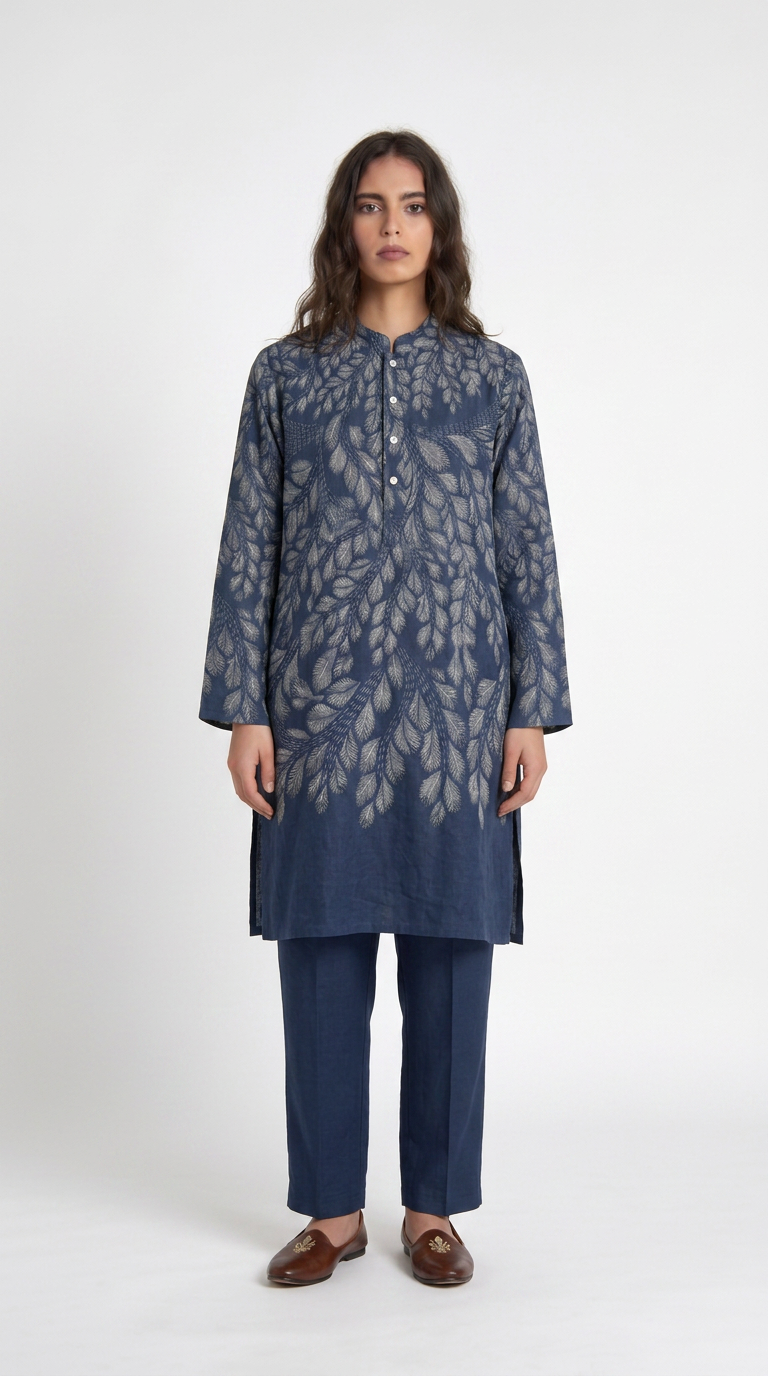 Gond Leaf Kurta Women Blue full front view