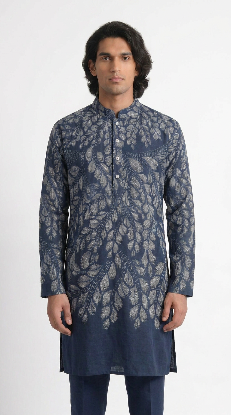 Gond Leaf Kurta Men Blue model front view