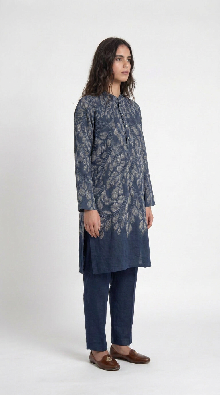 Gond Leaf Kurta Women Blue side model shot
