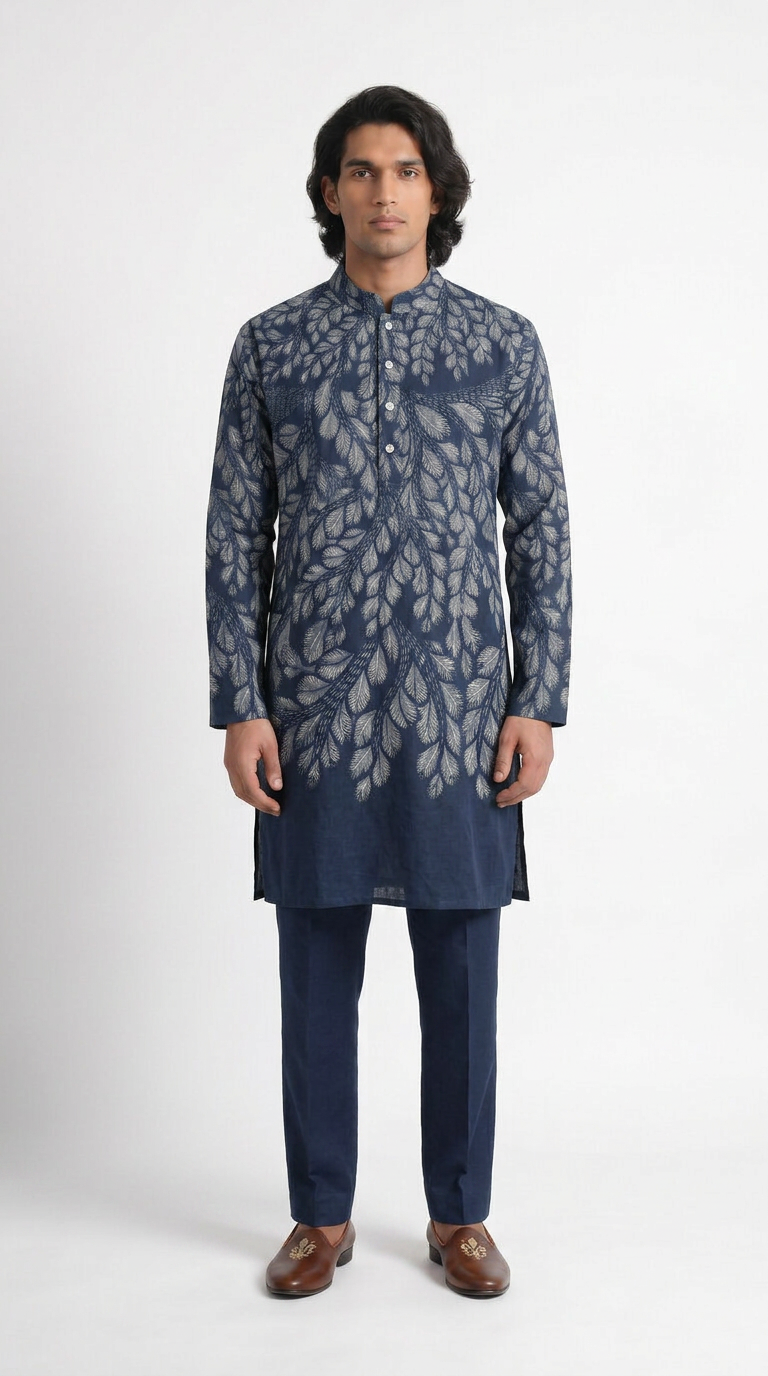Gond Leaf Set Blue Men kurta front view