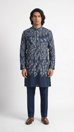 Gond Leaf Kurta Men Blue front view