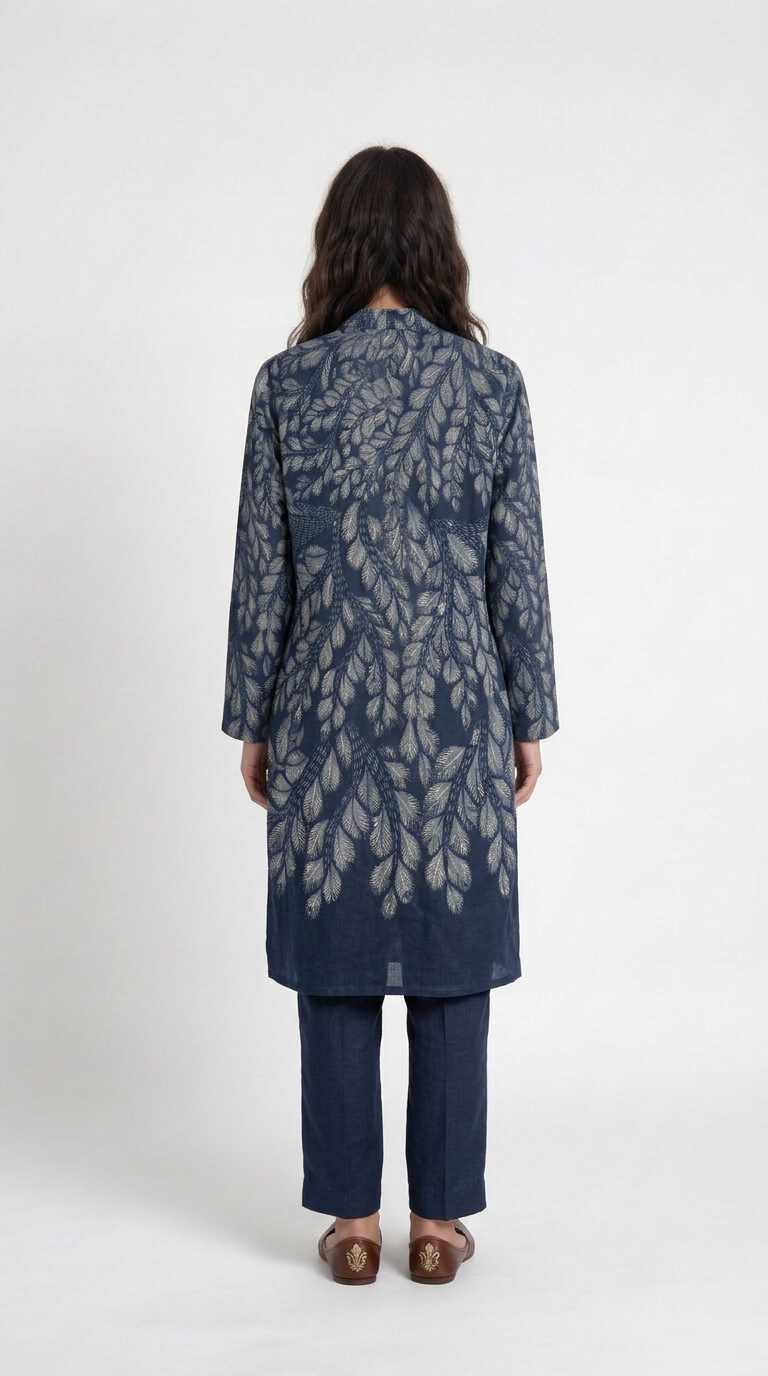 Gond Leaf Kurta Women Blue alternate back view