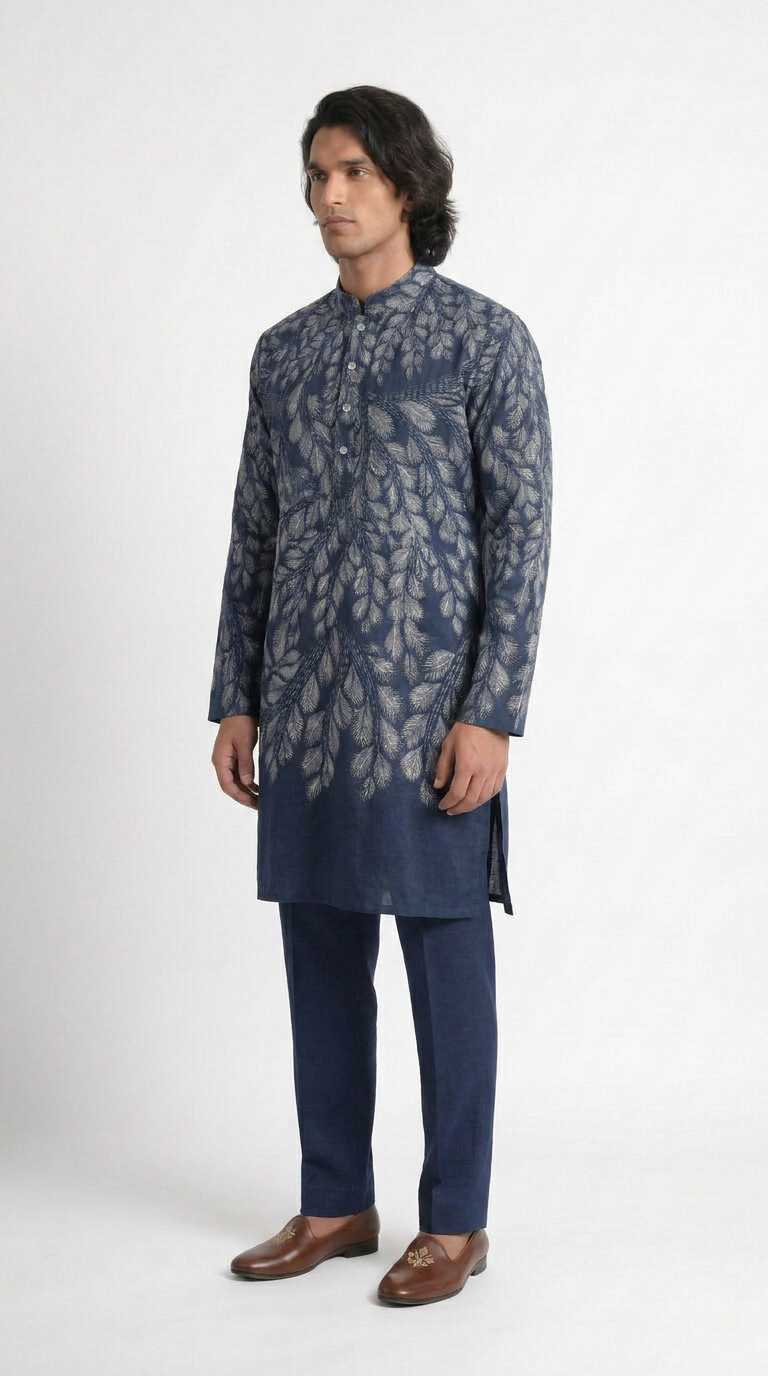 Gond Leaf Kurta Men Blue detail view