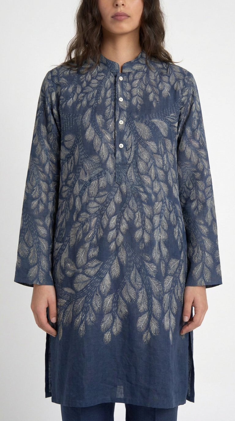 Gond Leaf Kurta Women Blue close front view