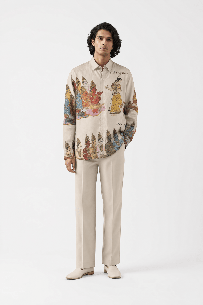 Man wearing the Mohiniroopa vintage shirt with cream trousers, front view