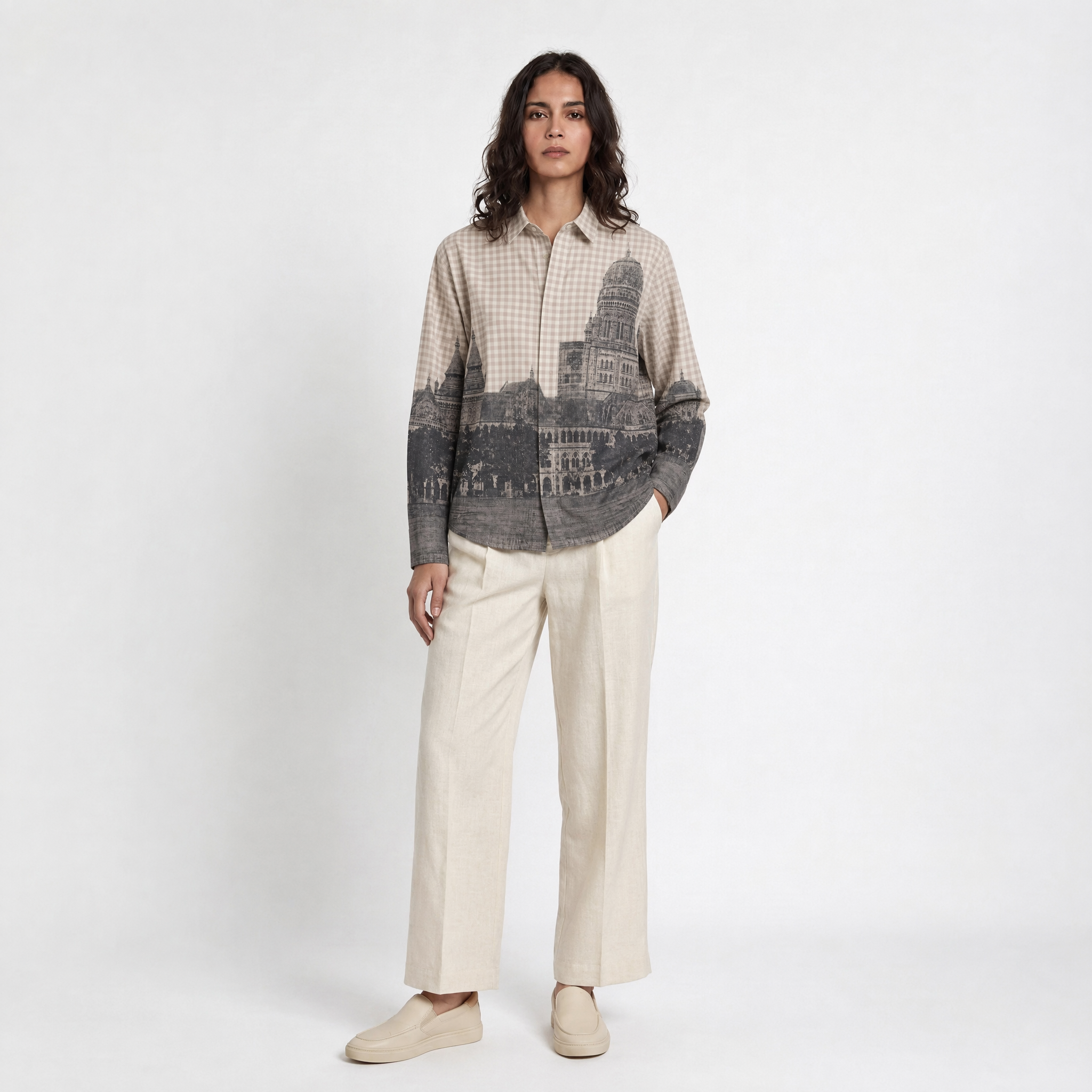 Mumbai Shirt Women - Cotton - Vintage - Beige - Check