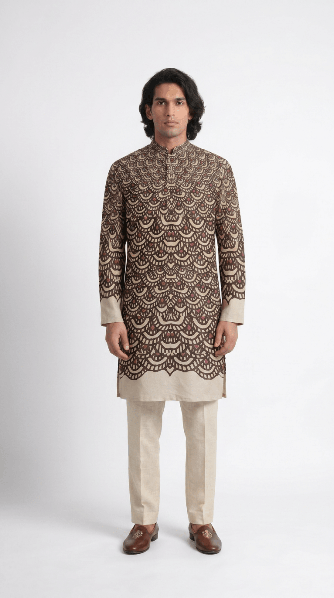 Naymish Cotton Men Kurta — Fish Scale — Black — Festive Wear - Naymish Designs